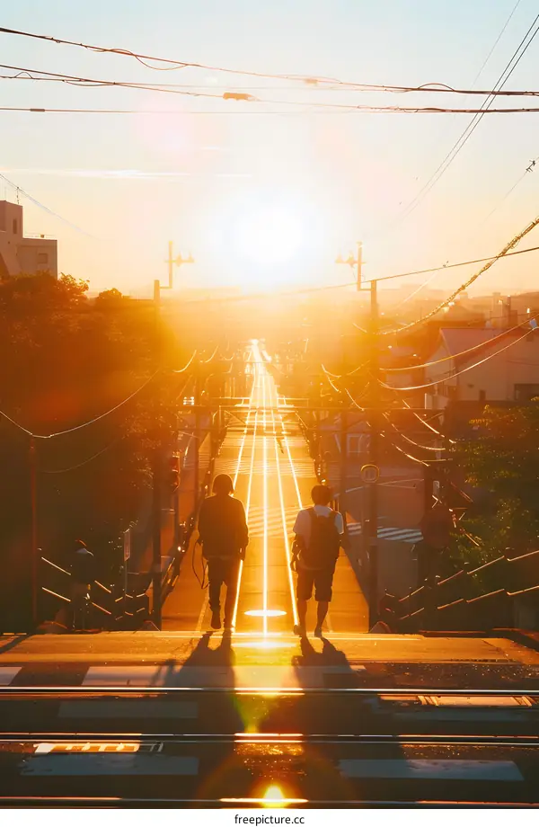 Two People Walking on a Street at Sunset in Japan