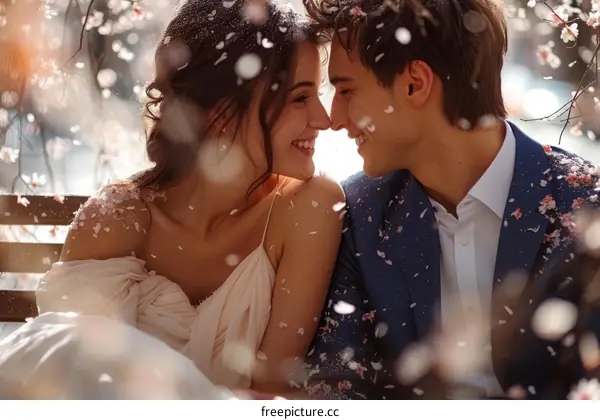 A loving couple sitting on a bench in a park, surrounded by cherry blossom petals.