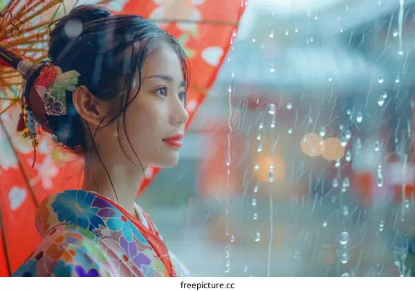 Portrait of a beautiful Japanese woman in traditional kimono with red umbrella in the rain