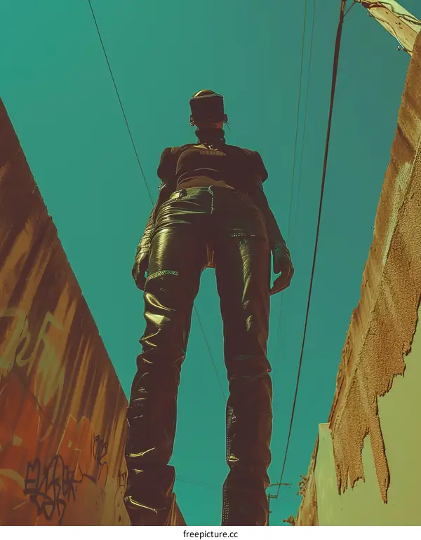 A woman in a black leather outfit standing in an alleyway