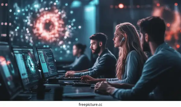 Focused Team of Tech Specialists in a Modern Control Room