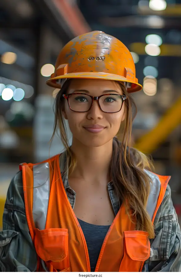 portrait of a female construction worker wearing a hard hat and safety vest