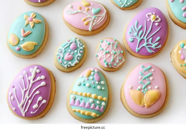 Colorful Easter Egg Shaped Cookies Decorated with Glaze