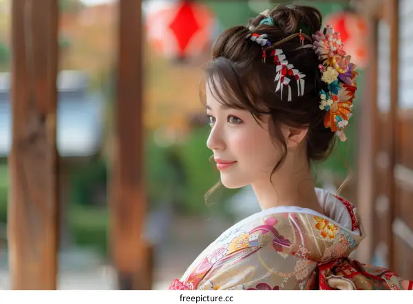 Portrait of a Japanese woman wearing a kimono