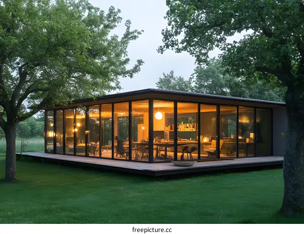 Modern Glass House in the Woods with a Wooden Deck and a Green Lawn