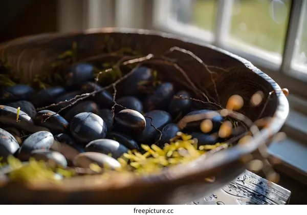 Dark Stones in Wooden Bowl with Branch and Sun