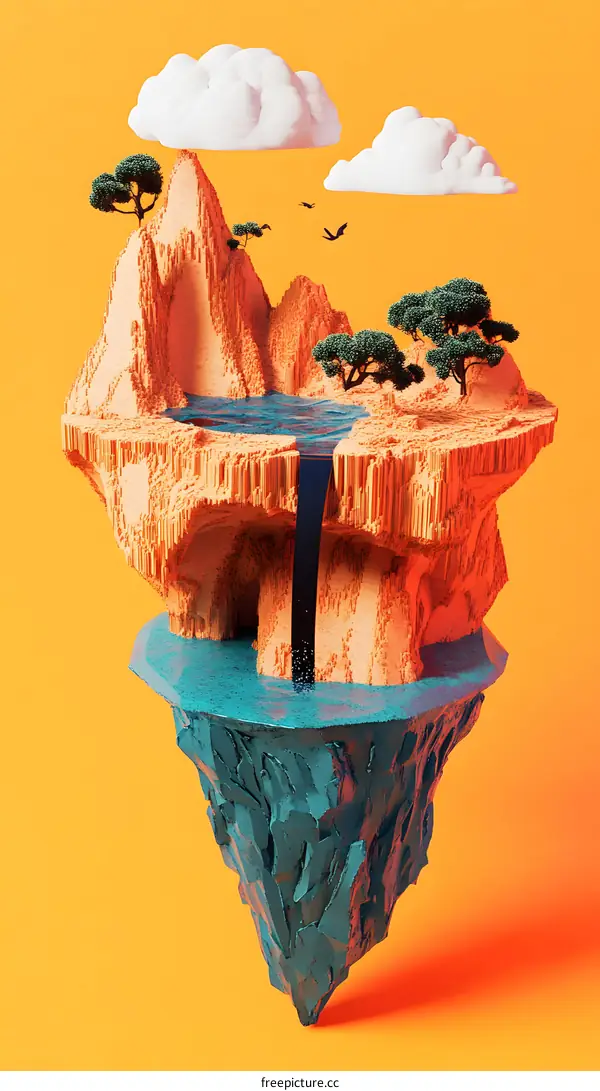 Floating Island With Waterfall and Clouds