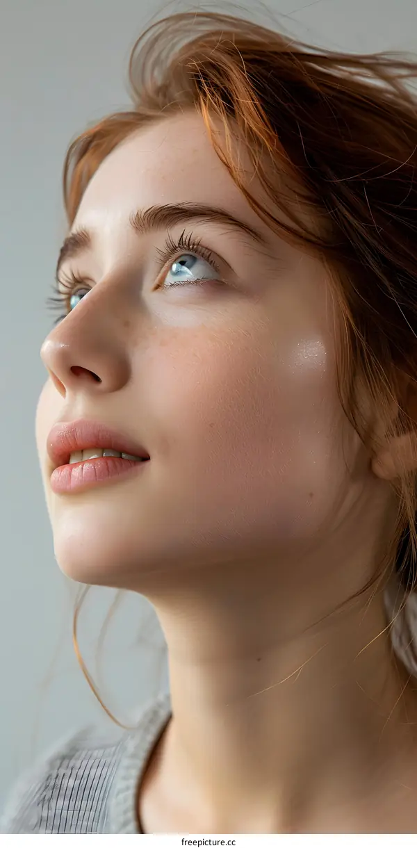 Close Up Portrait of Young Woman with Red Hair Looking Up