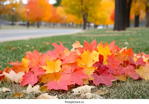 Pile of Autumn Leaves on Green Grass