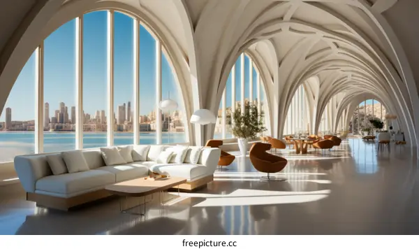 Modern interior of luxury mansion with panoramic windows