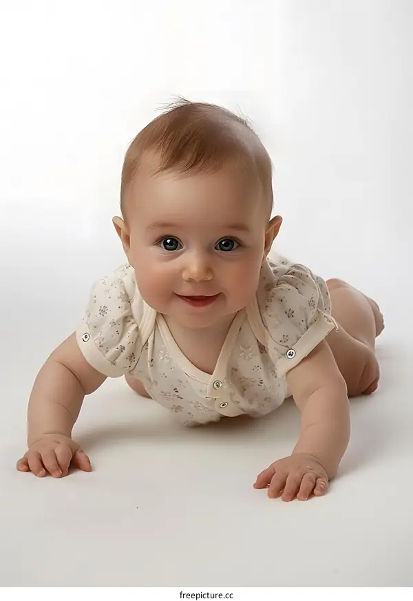 A smiling baby girl with brown hair and blue eyes is crawling on a white surface