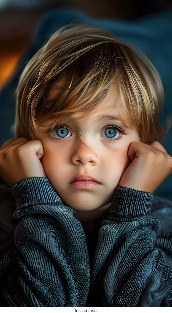 Little Boy With Blue Eyes Looking At Camera