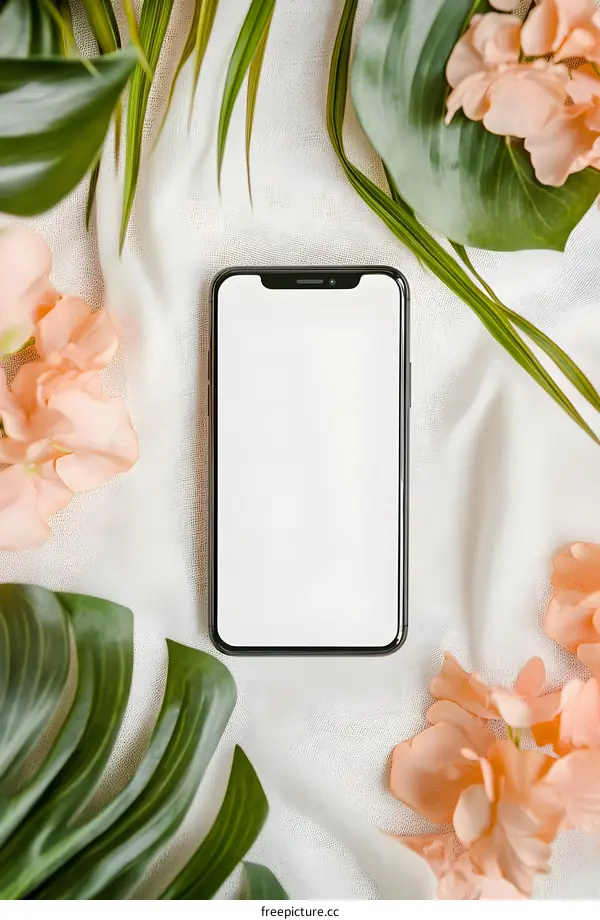 Flat Lay of White Mobile Phone with Flowers and Leaves