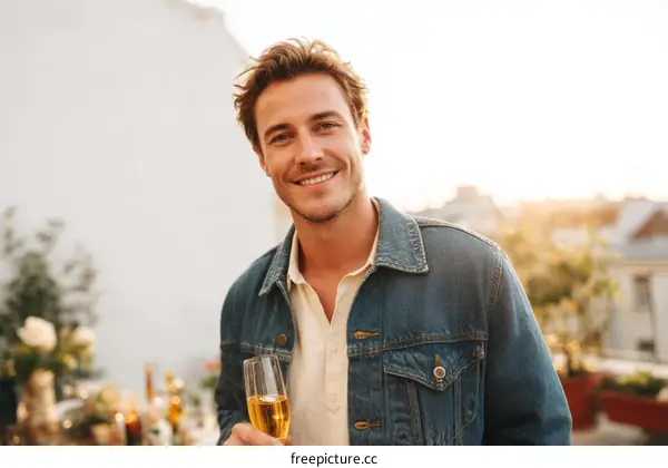 Smiling Caucasian Man with Champagne Glass on Rooftop Terrace