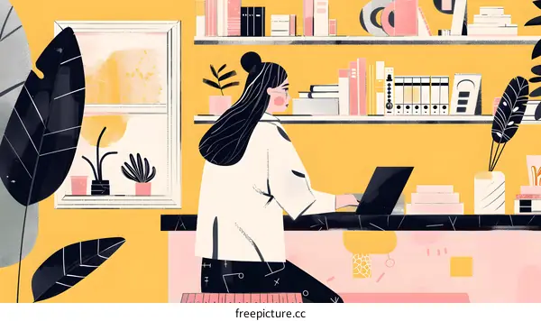 Woman Working on a Laptop in her Home Office