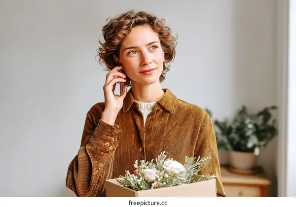 Woman Holding Flowers in Cardboard Box