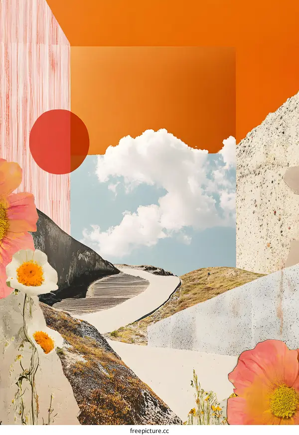 Abstract Collage with Flowers, Road and Sky
