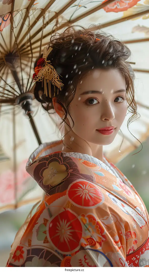 Portrait of a beautiful Japanese woman in traditional kimono with an umbrella