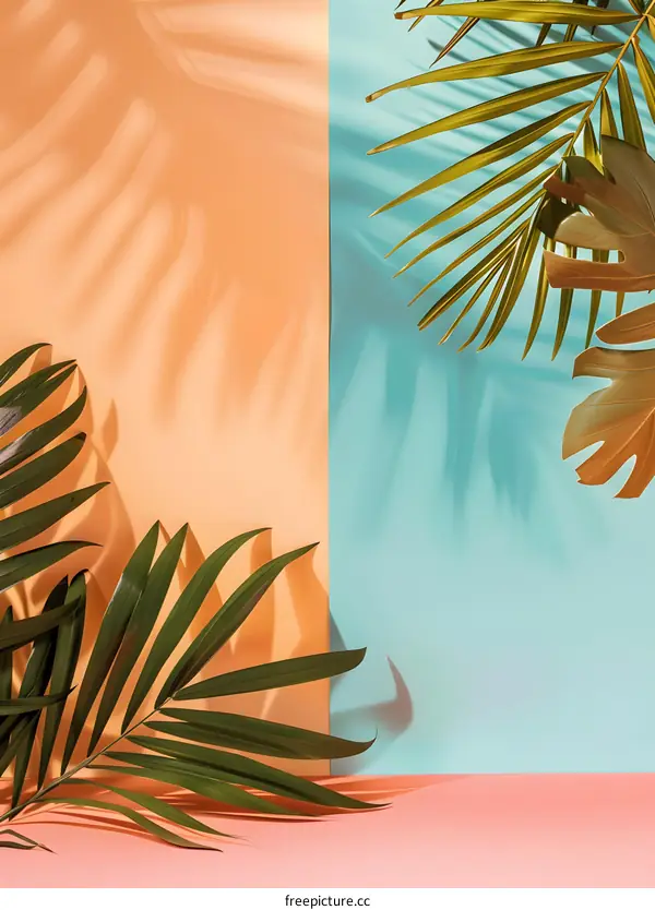 Tropical Leaf Shadow on Peach and Blue Background