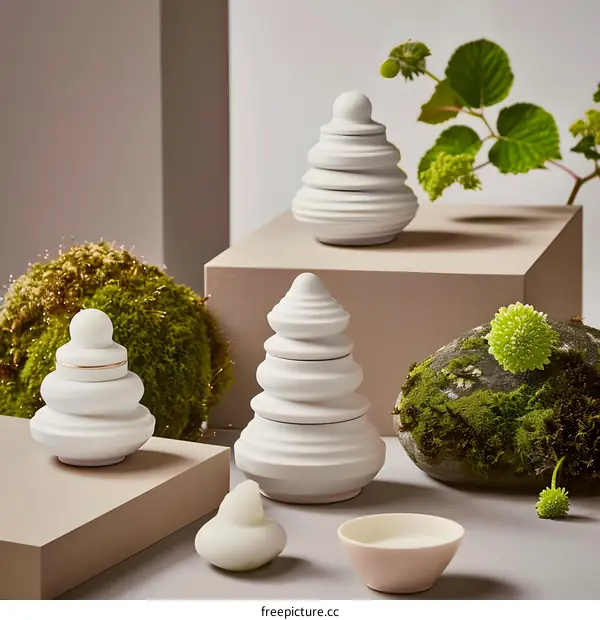 White Ceramic Stacked Jars on White and Brown Platforms with Green Plants
