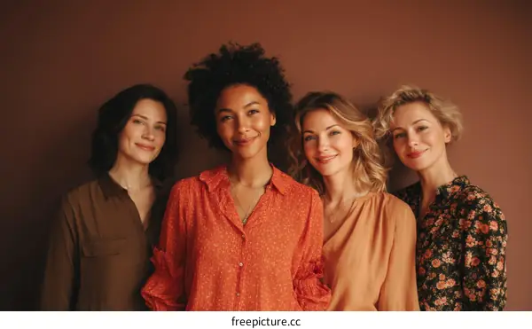 Diverse Women Posing Together Against a Deep Brown Background