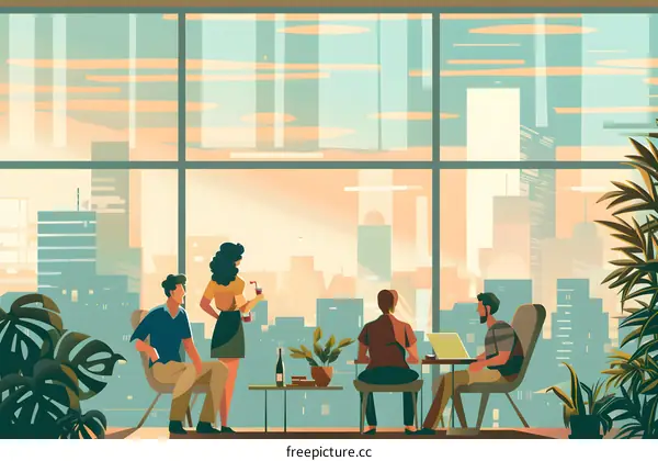 Modern Office With City View and People Working