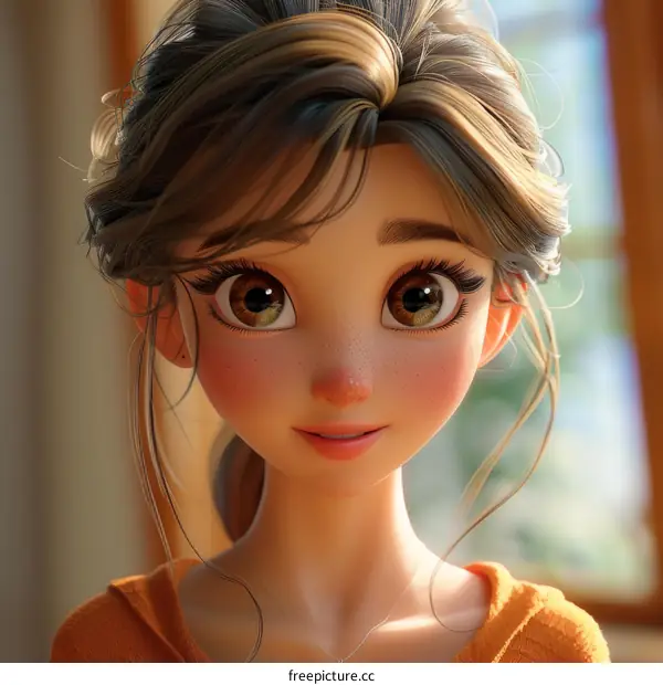 An illustration of a beautiful young woman with brown hair and brown eyes