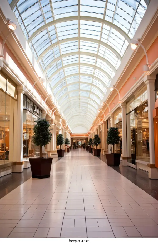 An empty shopping mall with a glass roof