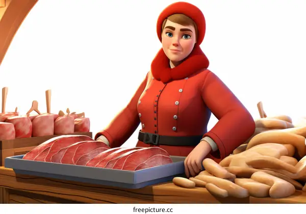A woman in a red coat selling meat and bread at a market