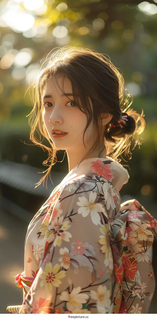 Asian Woman in Traditional Japanese Kimono Portrait