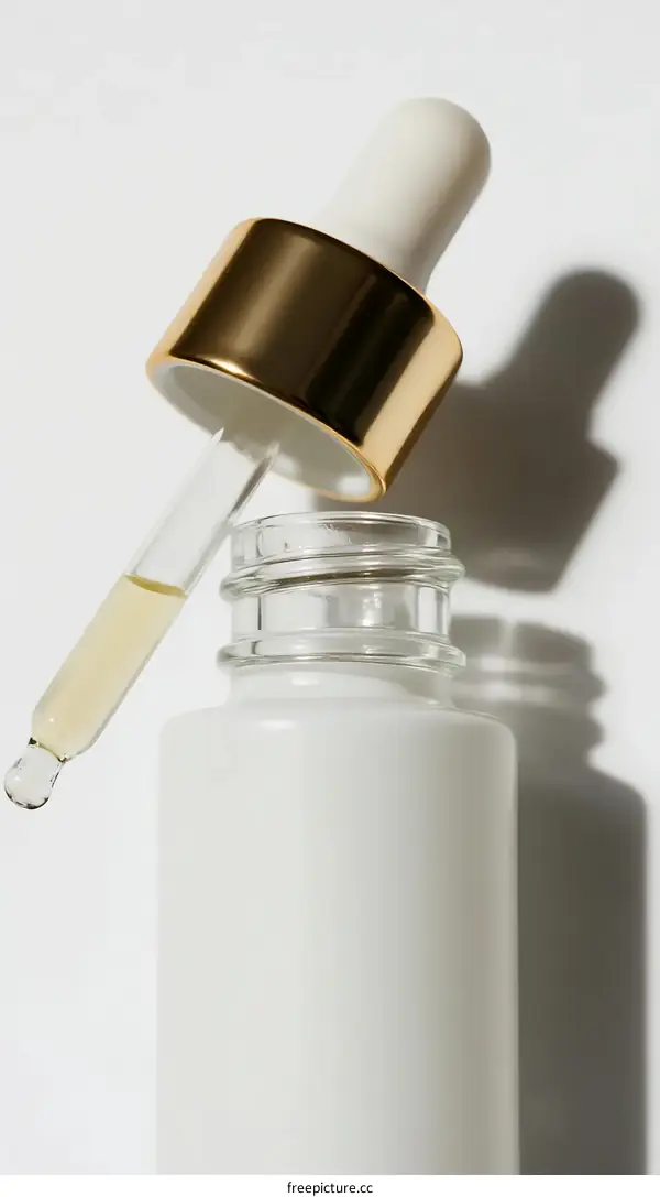 Close-up of a glass dropper bottle with serum