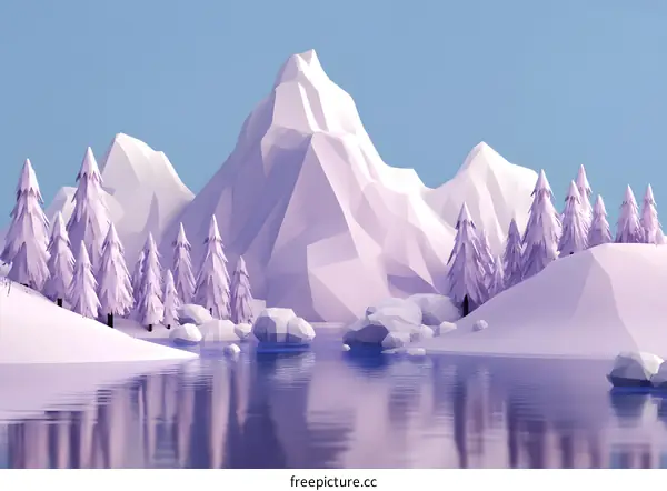 Low Poly Mountain Lake Winter Scene