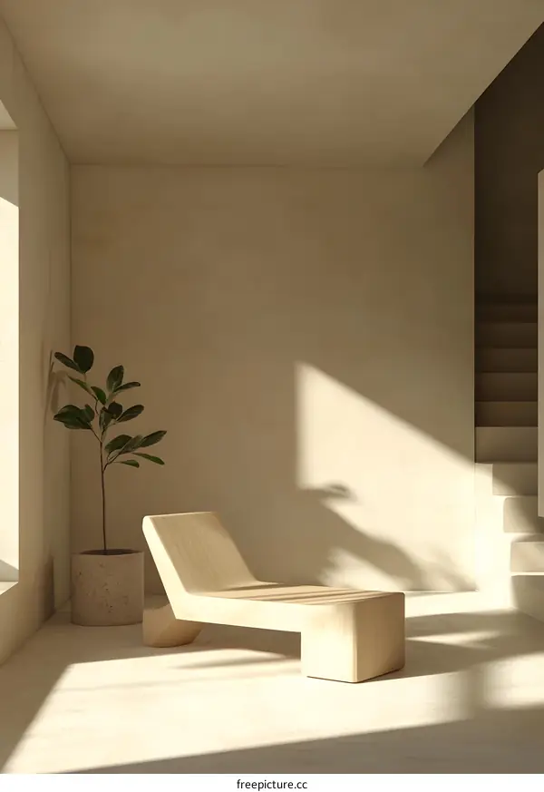 Minimalist Interior Design with Wooden Lounger and Sunlight