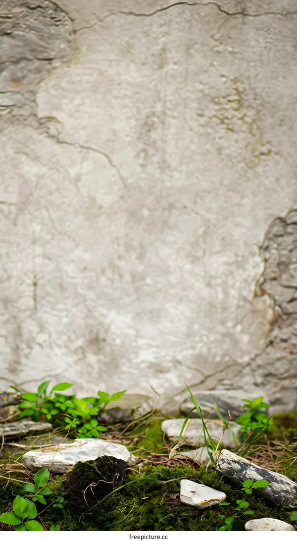 Green Moss Growing On Stones With A Grey Wall Background