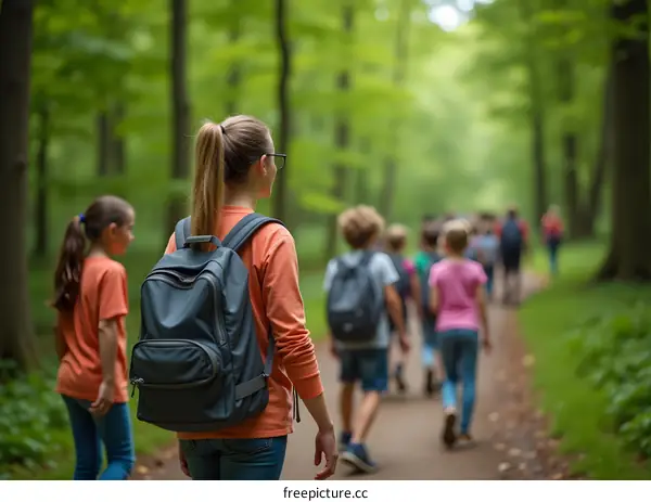 Group of Children Walking on a Path in a Forest