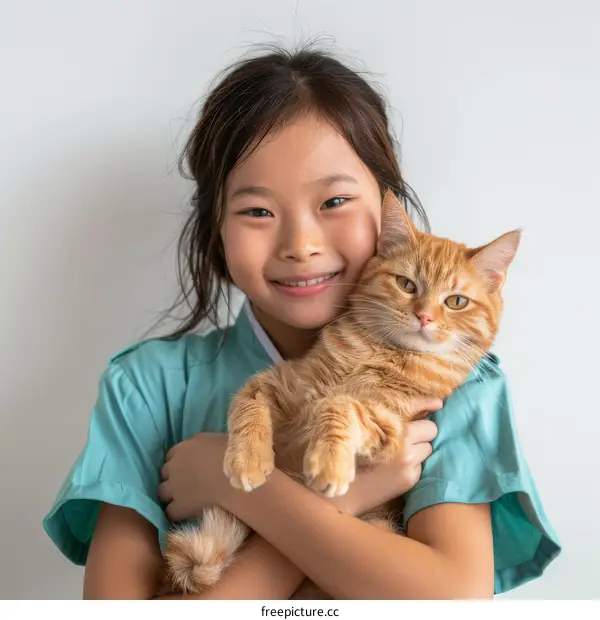 Asian girl hugging an orange cat