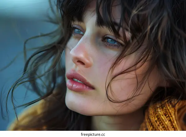 Portrait of a young woman with blue eyes and brown hair