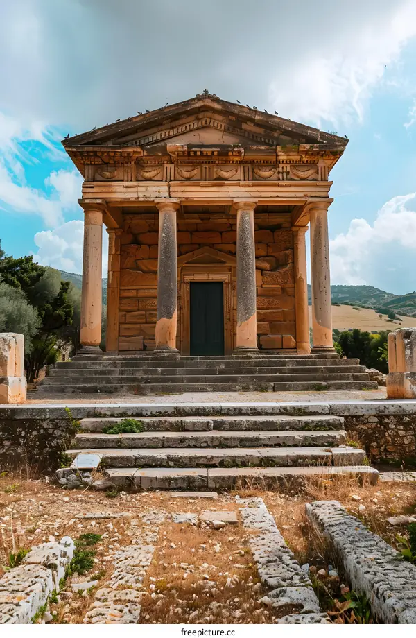 Ancient Greek Temple Ruins with Stone Steps and Columns