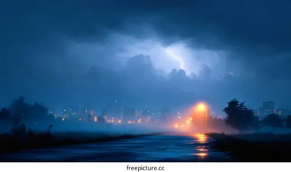 Stormy Night Cityscape with Fog
