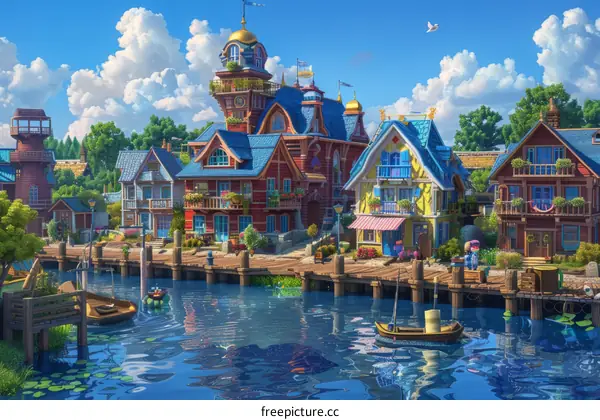 A colorful town built on a river with a blue sky and white clouds