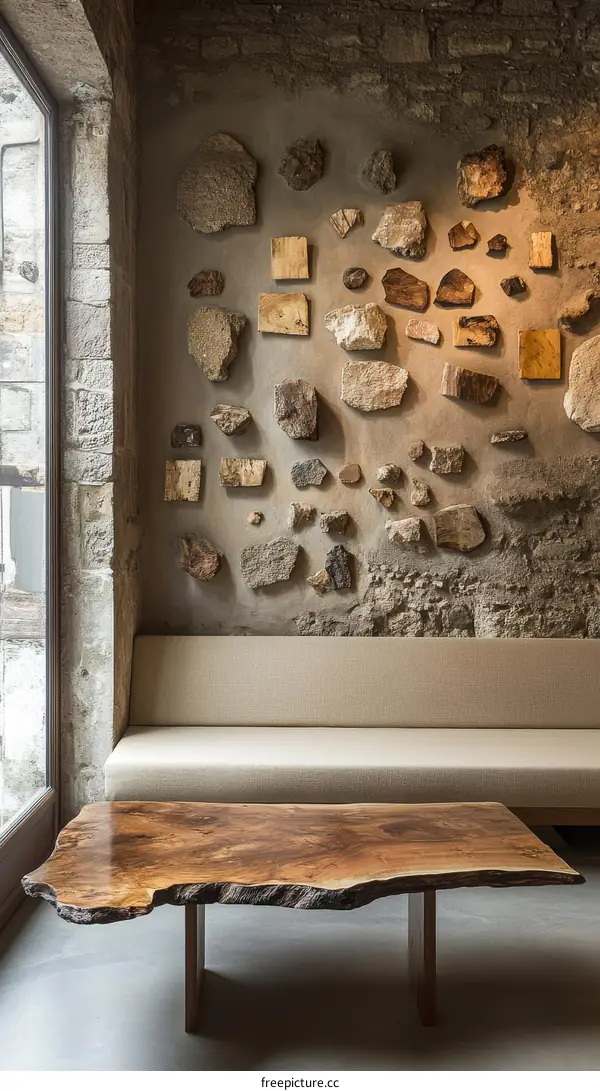 Rustic Stone Wall Interior Design with Wooden Coffee Table