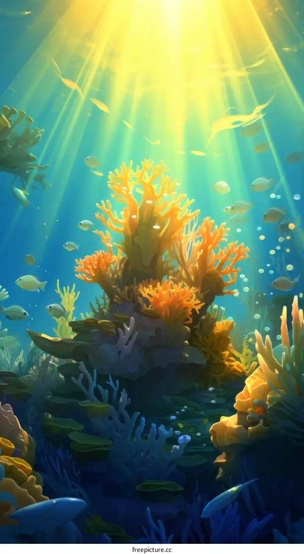Underwater fantasy world with a giant coral reef and exotic fish swimming around