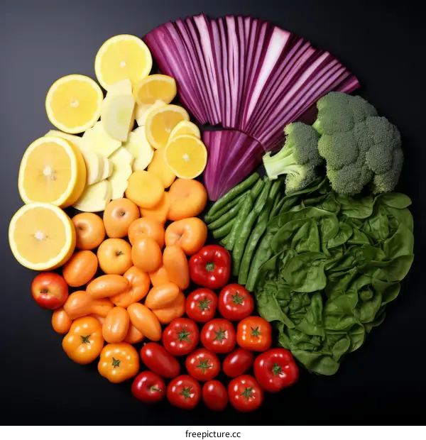 A variety of fruits and vegetables are arranged in a circle on a black background. The fruits and vegetables are sliced and arranged in a way that creates a visually appealing pattern.