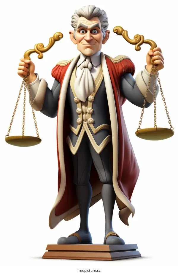A judge in a red robe holds the scales of justice in his hands