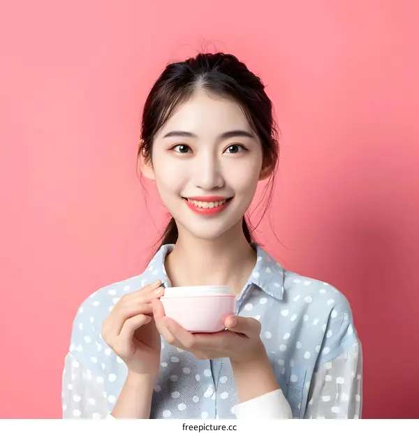 Beautiful Asian Woman Holding a Jar of Skin Cream on a Pink Background