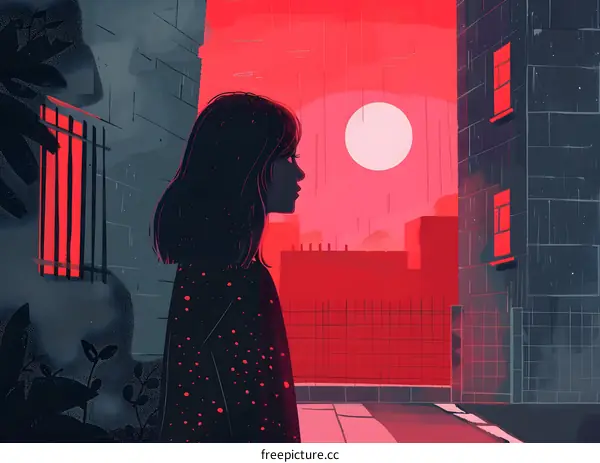 Woman Standing in Alleyway with Red Sky