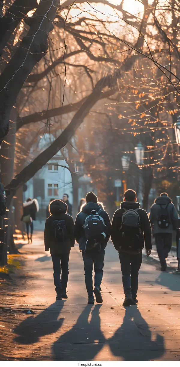 Three Friends Walking on a Paved Path Towards the Sunset