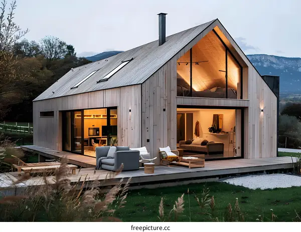 Modern Wooden House with Large Windows and Deck