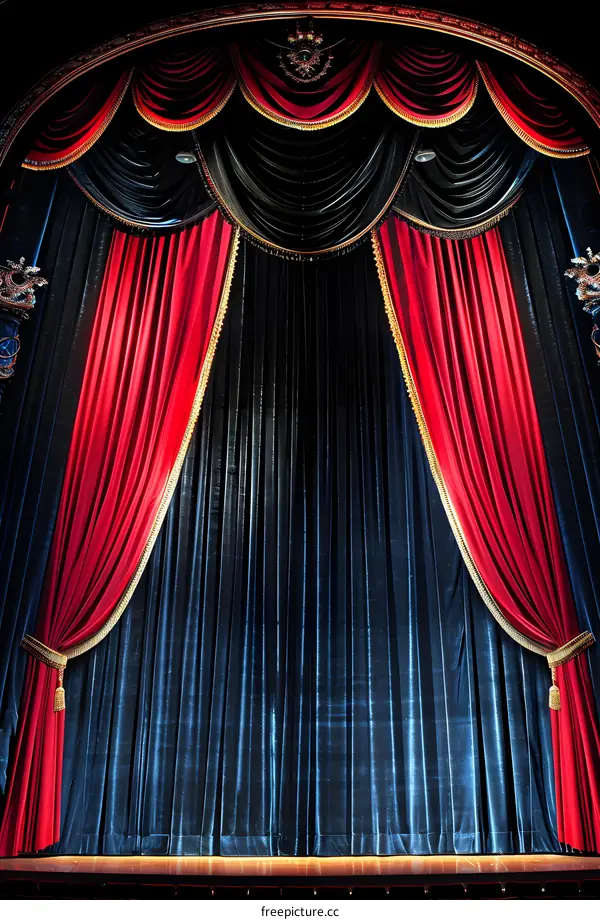 Blue and Red Stage Curtain with Gold Trim