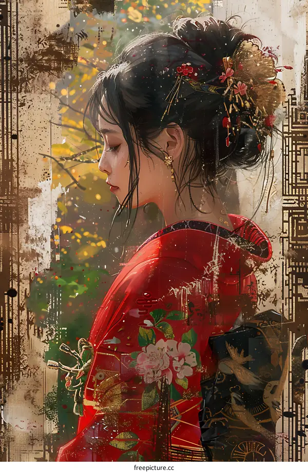 An illustration of a beautiful Japanese woman in a red kimono with a white collar and a red and gold obi.